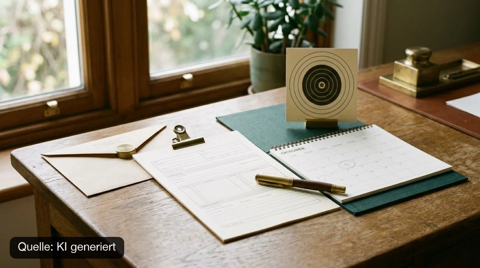 Schreibtisch mit Briefumschlag, Formular, Kalender und Füller, daneben eine kleine Schießscheibe