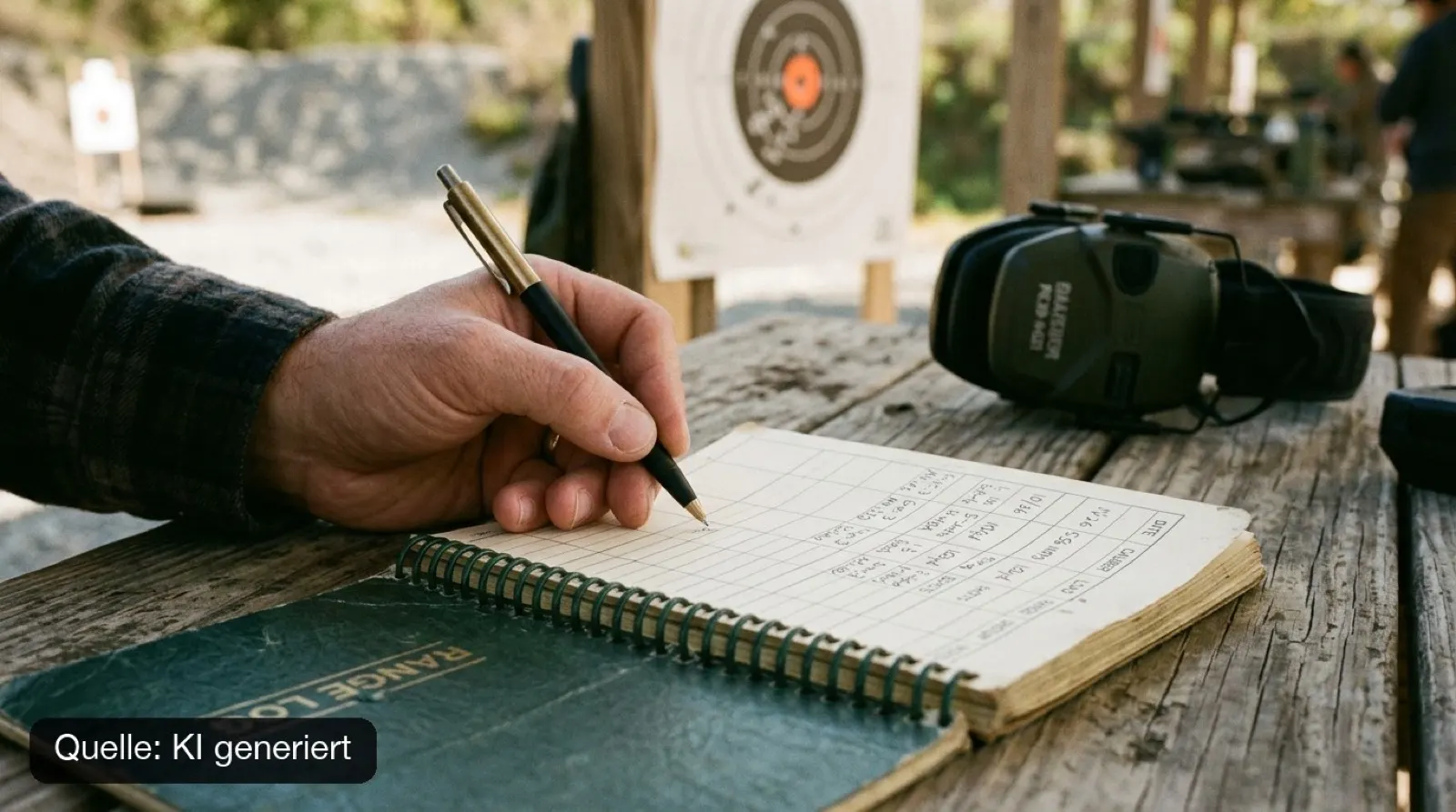 Hand trägt mit einem Stift ein Training in ein Notizbuch ein, im Hintergrund Gehörschutz und Schießscheibe