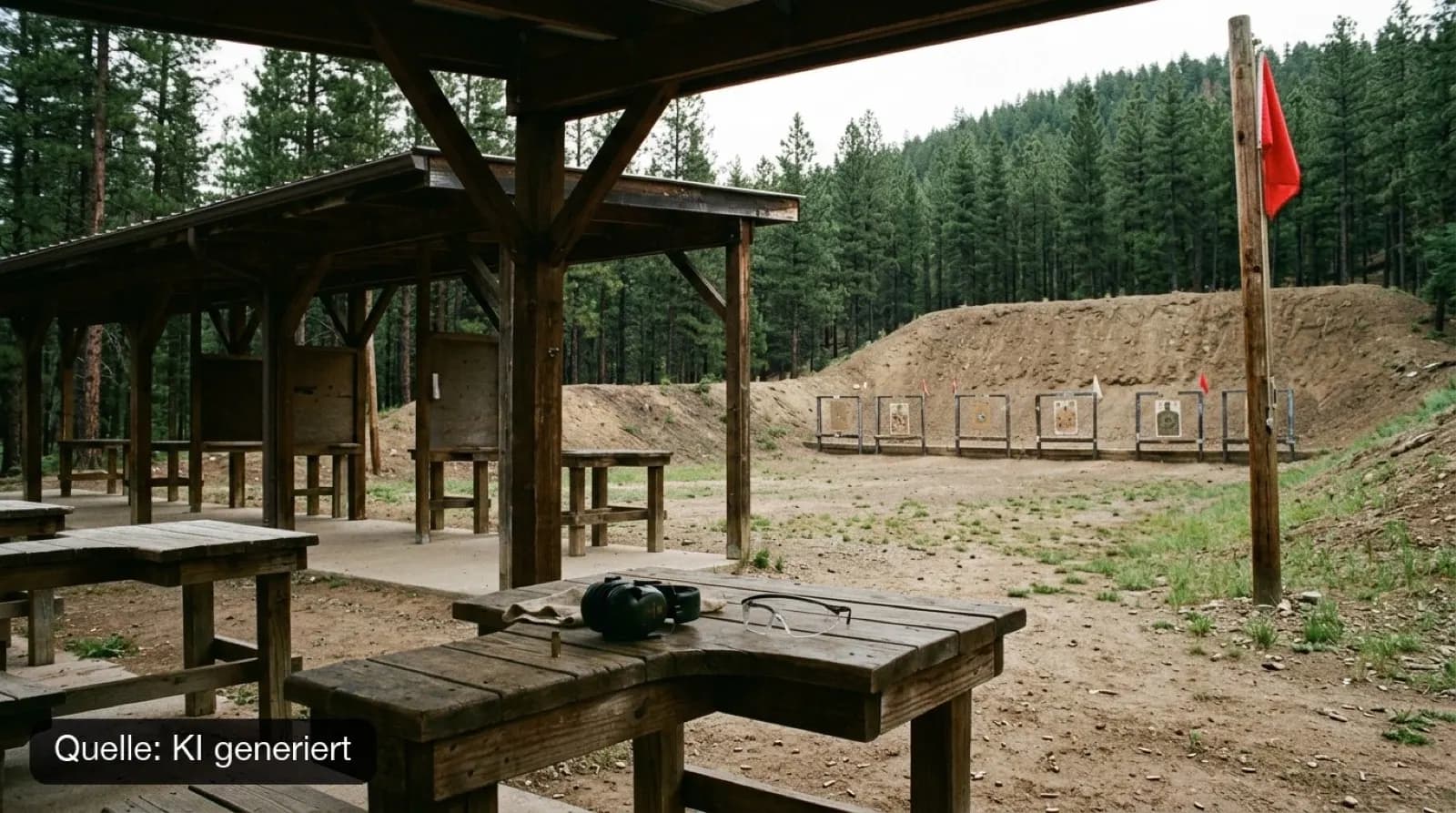 Leerer überdachter Schießstand im Kiefernwald mit roter Warnflagge, Gehörschutz und Schutzbrille auf dem Schützentisch