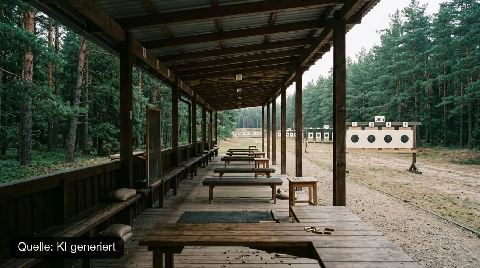 Überdachte Schießbahn im Kiefernwald mit Zielscheiben in unterschiedlicher Entfernung