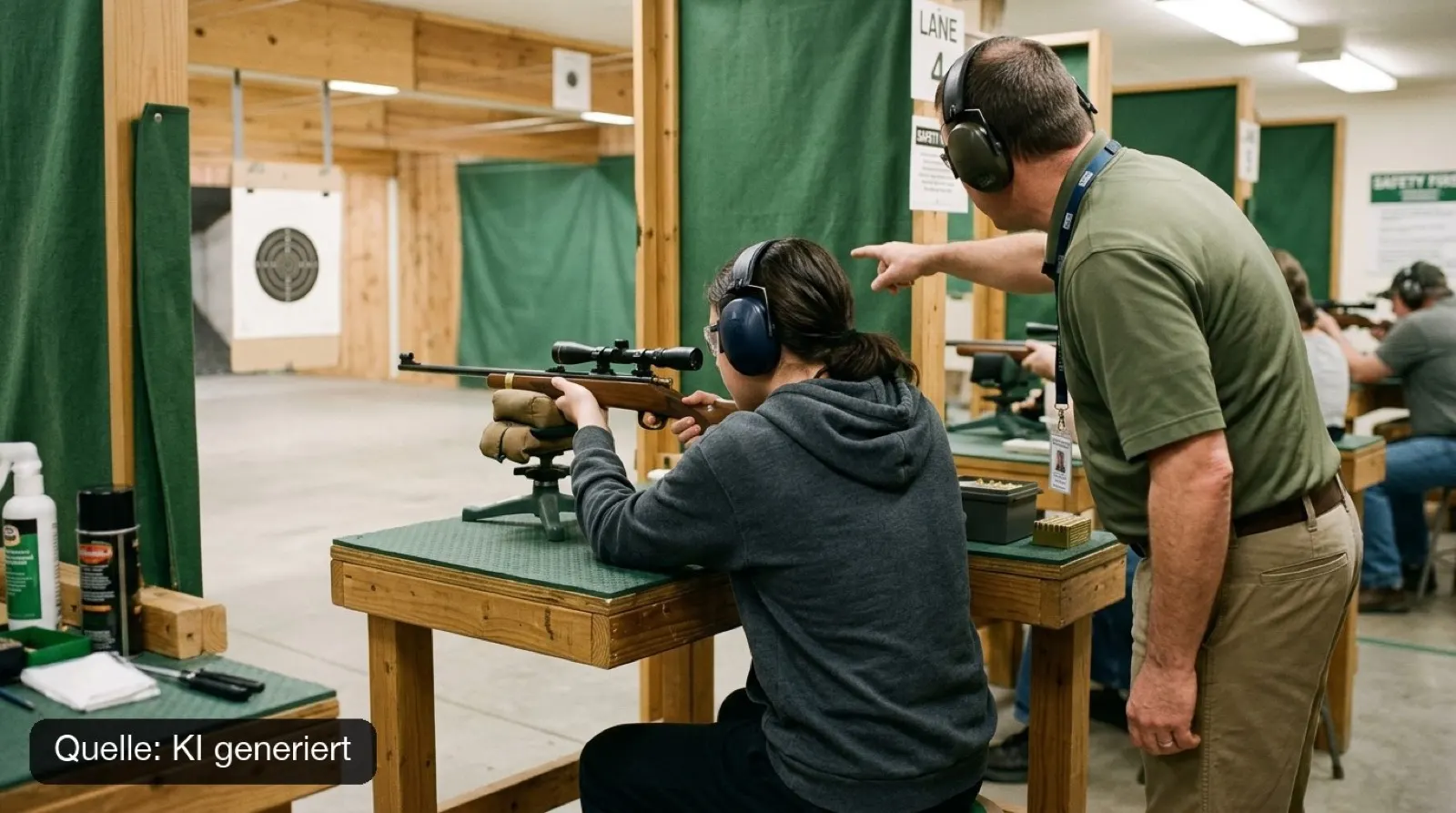 Jugendliche mit Gehörschutz und Schießbrille am Gewehr auf der Auflage, daneben ein Trainer, der zur Scheibe zeigt